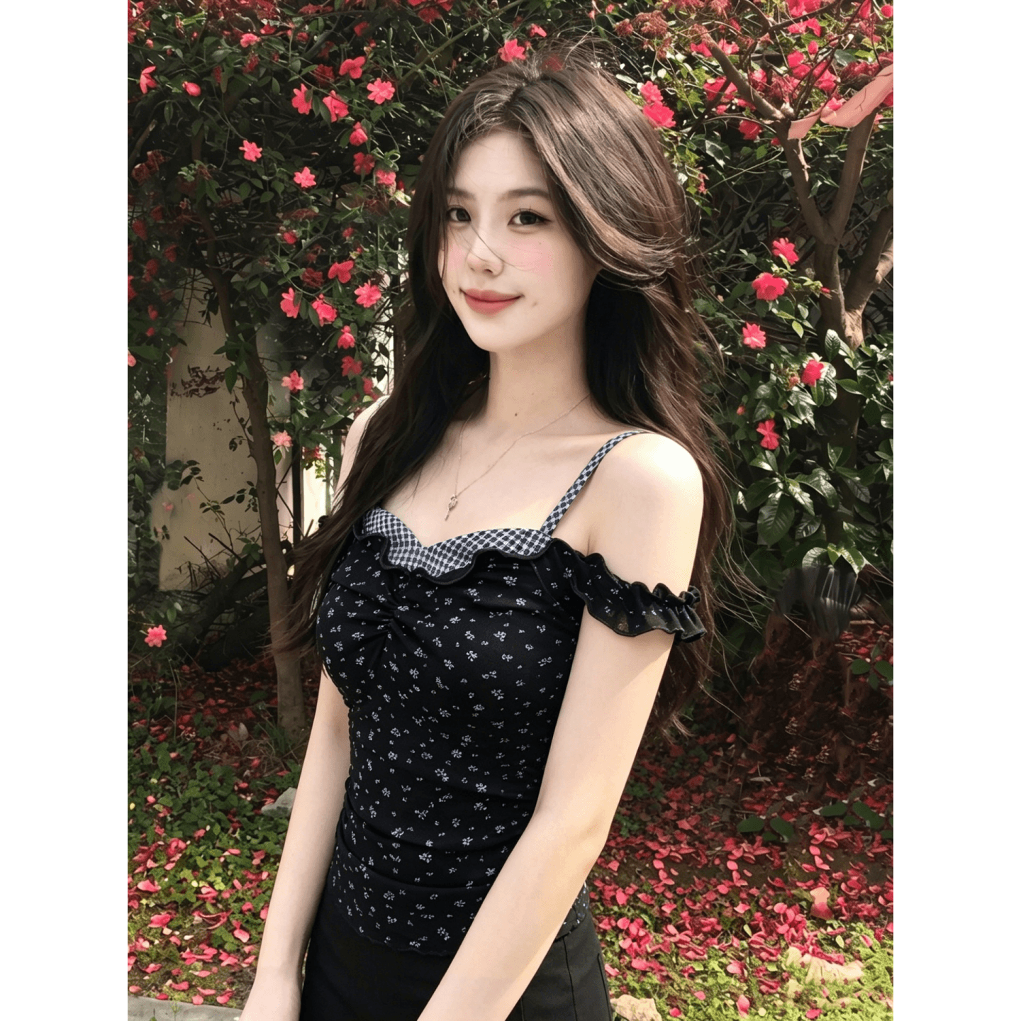한 부서 여름 페이크 레이어드 여성 캐미솔 슬림해 보이는 고유 한 꽃무늬 오프숄더 핫걸 맨위 몸매 가꾸기 기본 셔츠 이미지 5