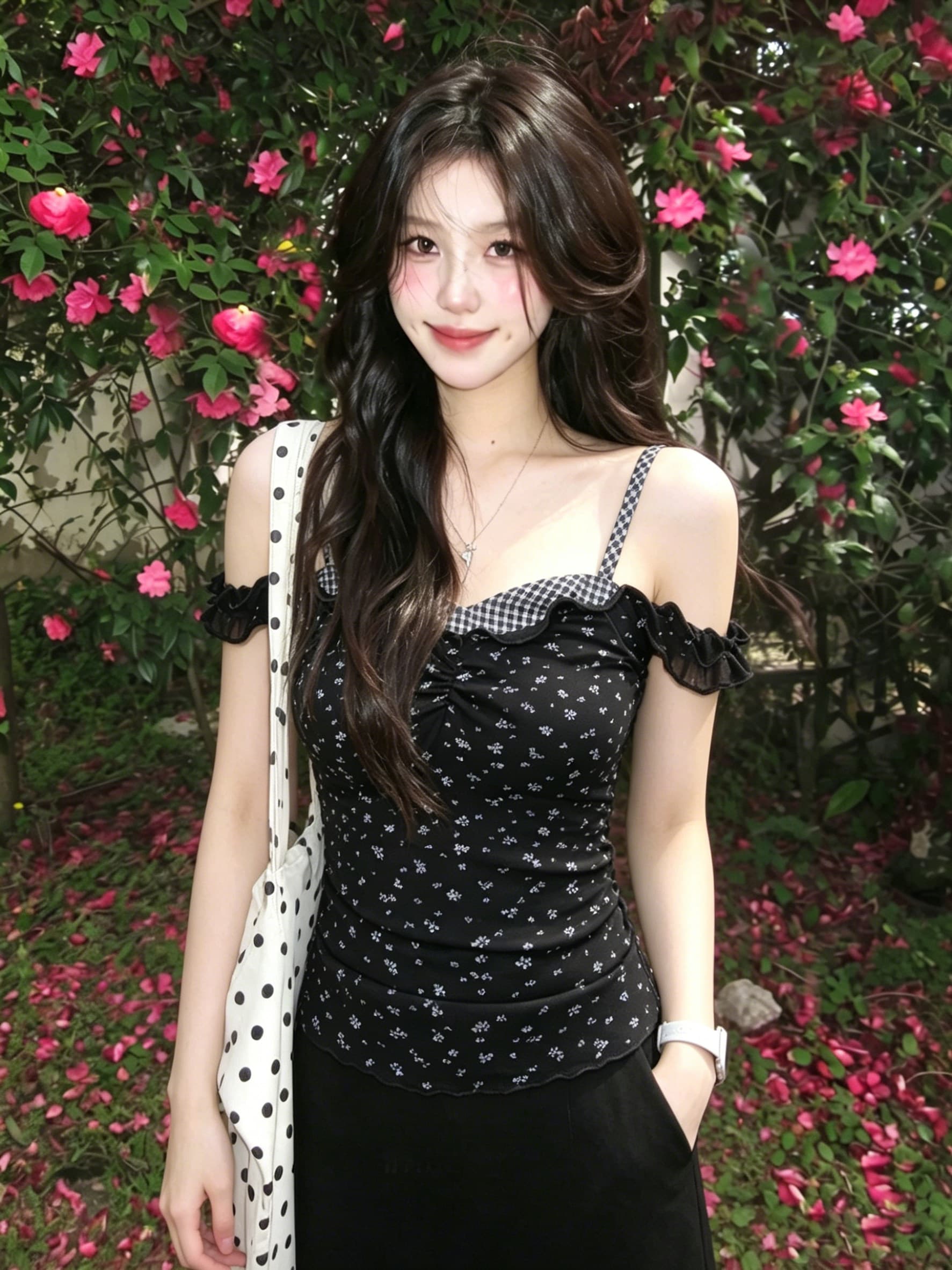 한 부서 여름 페이크 레이어드 여성 캐미솔 슬림해 보이는 고유 한 꽃무늬 오프숄더 핫걸 맨위 몸매 가꾸기 기본 셔츠 상세 이미지 3