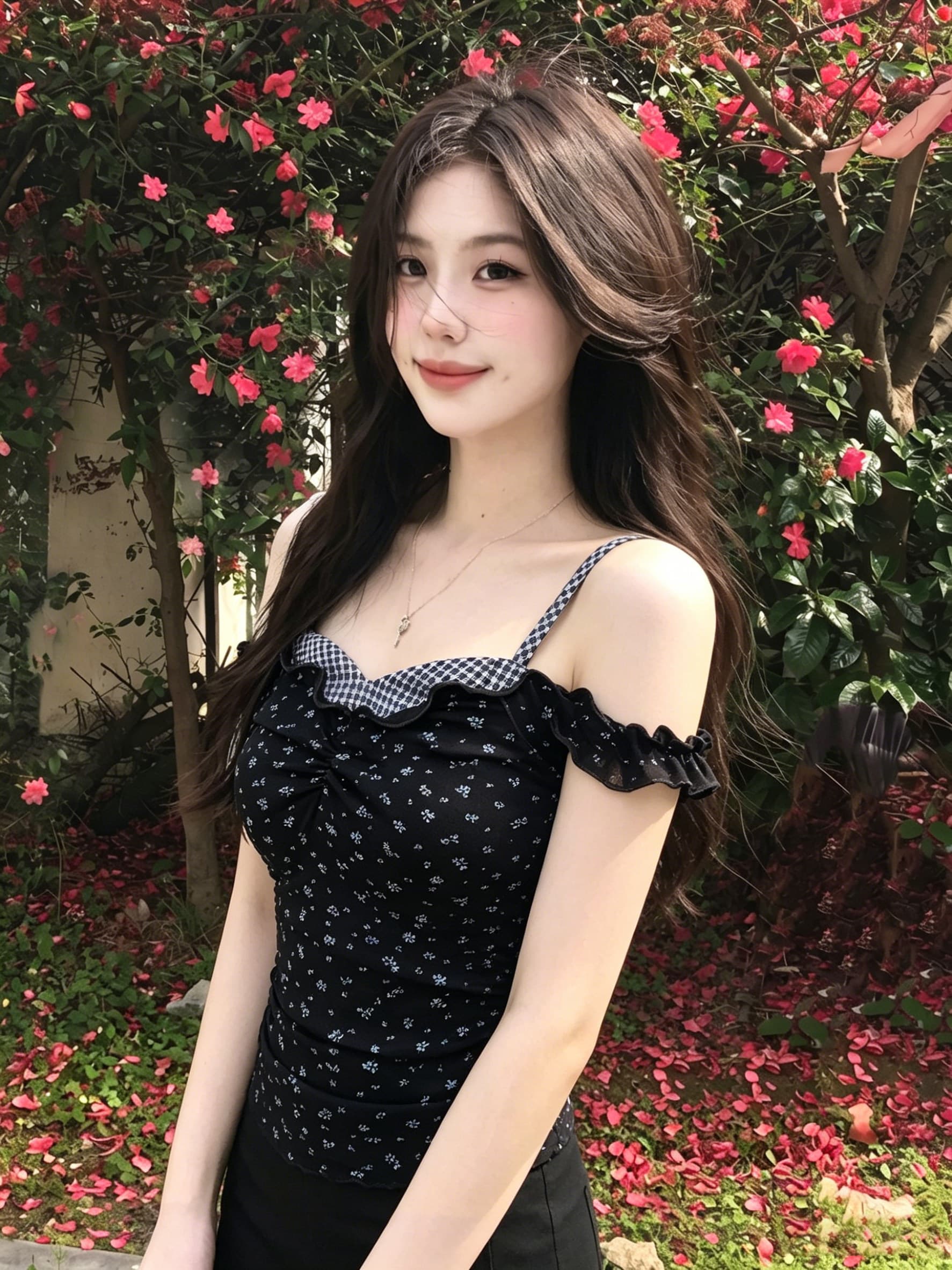 한 부서 여름 페이크 레이어드 여성 캐미솔 슬림해 보이는 고유 한 꽃무늬 오프숄더 핫걸 맨위 몸매 가꾸기 기본 셔츠 상세 이미지 5