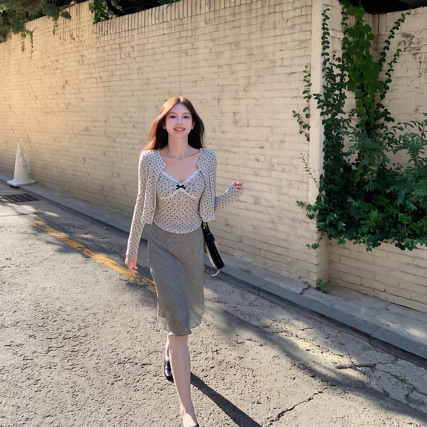 한 은 식물 플러시 도트 무늬 하트 긴팔 오픈 가디건 여성 여름 레이스 조각 캐미솔 슬림해 보이는 투피스 슈트 이미지 5
