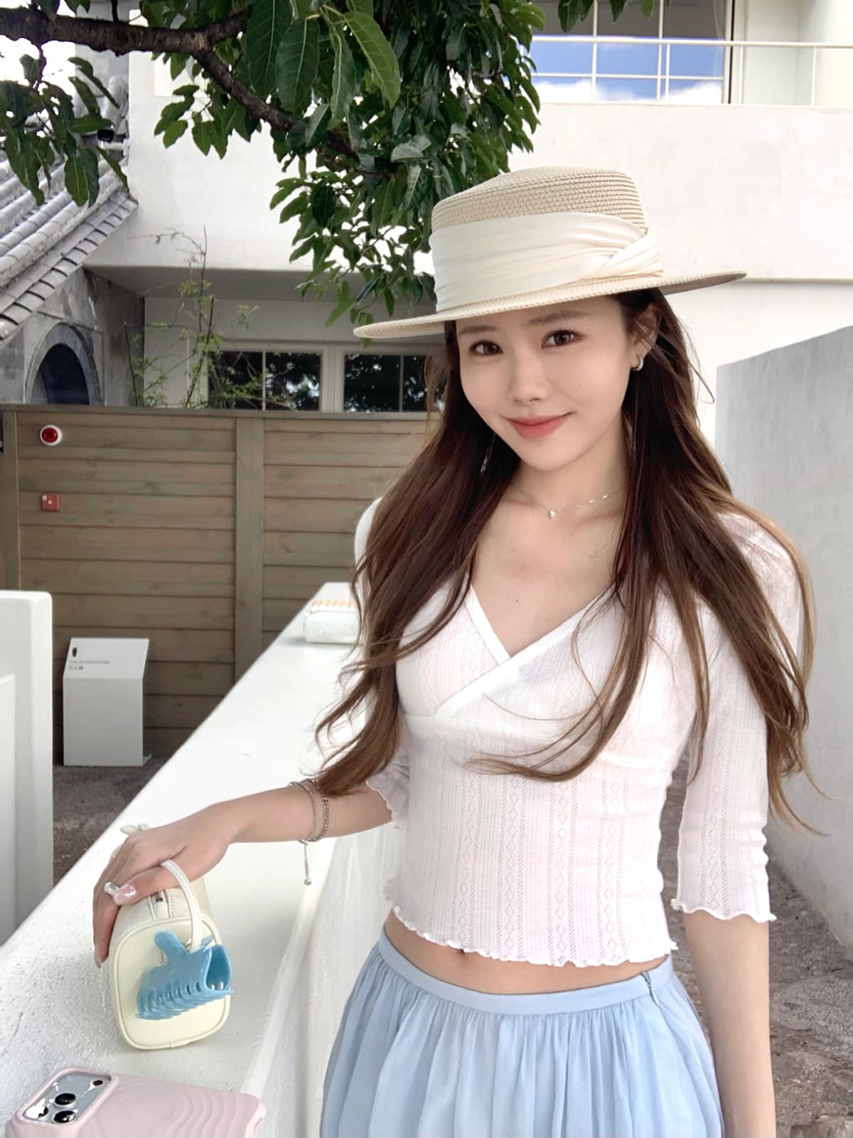 문단 친구 면 빛 산소 soft 눈 아름다움 센스 한 부서 부드러운 십자가 칼라 웨이브 측면 몸매 가꾸기 중간 소매 맨위 상세 이미지 18