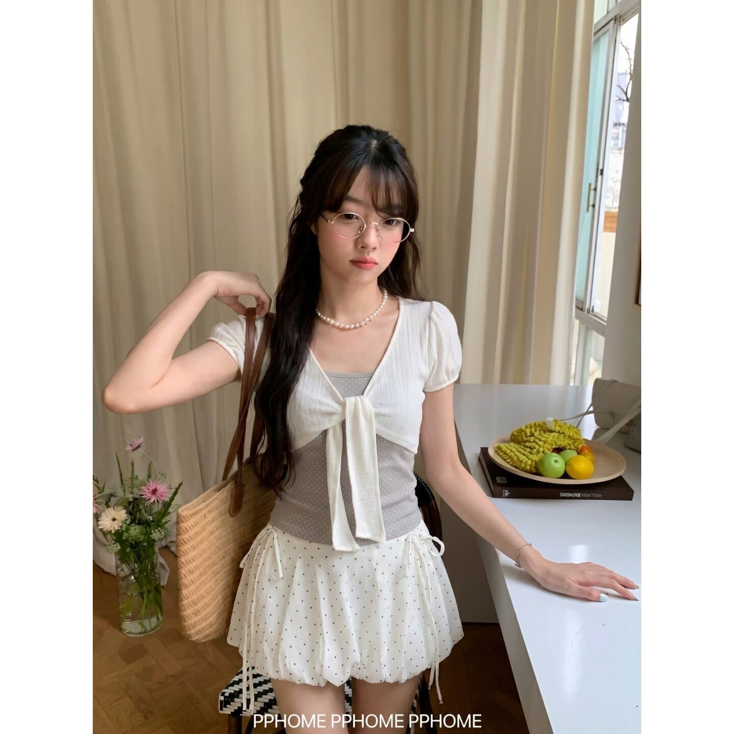 대나무 마디 면 사람들 면 한 부서 달콤한 스타일 스트랩 도트 무늬 티셔츠 여성 페이크 레이어드 부드러운 슬림해 보이는 tee 이미지 2