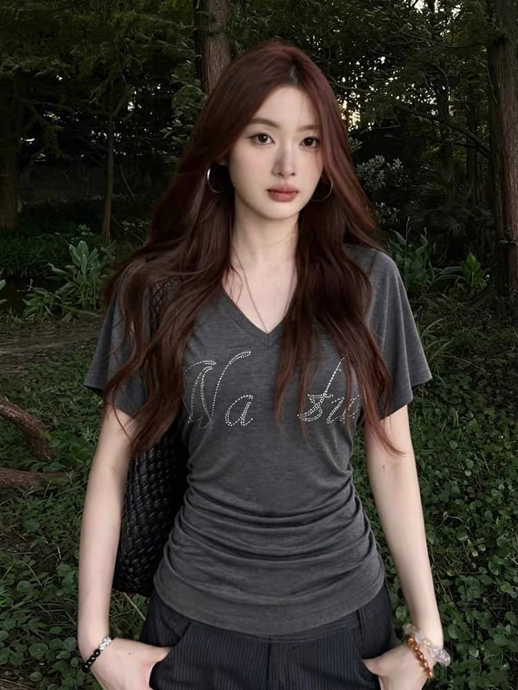 사람들 면 아메리칸 핫픽스 알파벳 V넥 반팔 여성 티셔츠 여름 허리 수축 슬림해 보이는 몸매 가꾸기 고유 한 꼬집기 허리 작은 맨위 상세 이미지 2