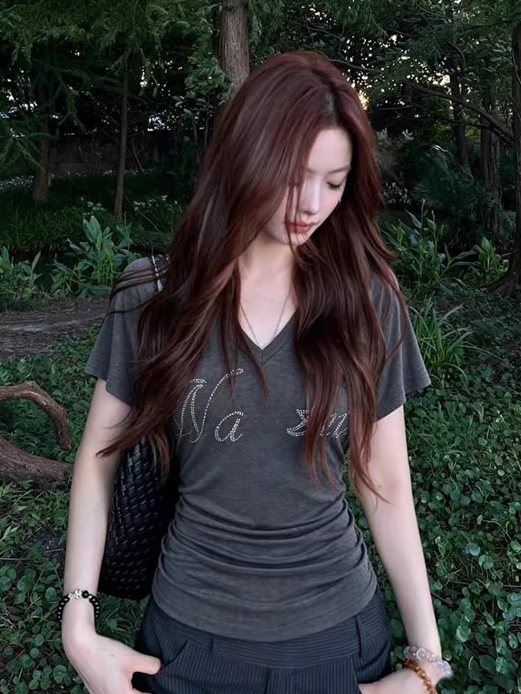 사람들 면 아메리칸 핫픽스 알파벳 V넥 반팔 여성 티셔츠 여름 허리 수축 슬림해 보이는 몸매 가꾸기 고유 한 꼬집기 허리 작은 맨위 상세 이미지 3