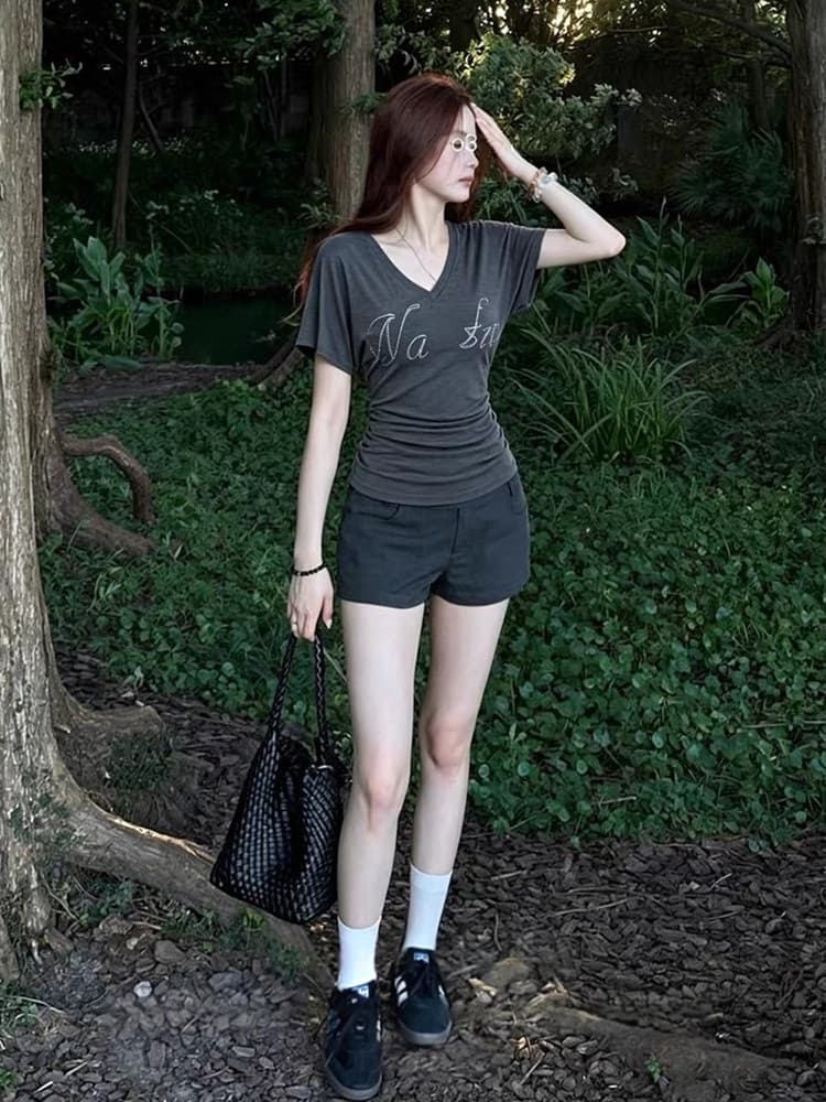 사람들 면 아메리칸 핫픽스 알파벳 V넥 반팔 여성 티셔츠 여름 허리 수축 슬림해 보이는 몸매 가꾸기 고유 한 꼬집기 허리 작은 맨위 상세 이미지 6