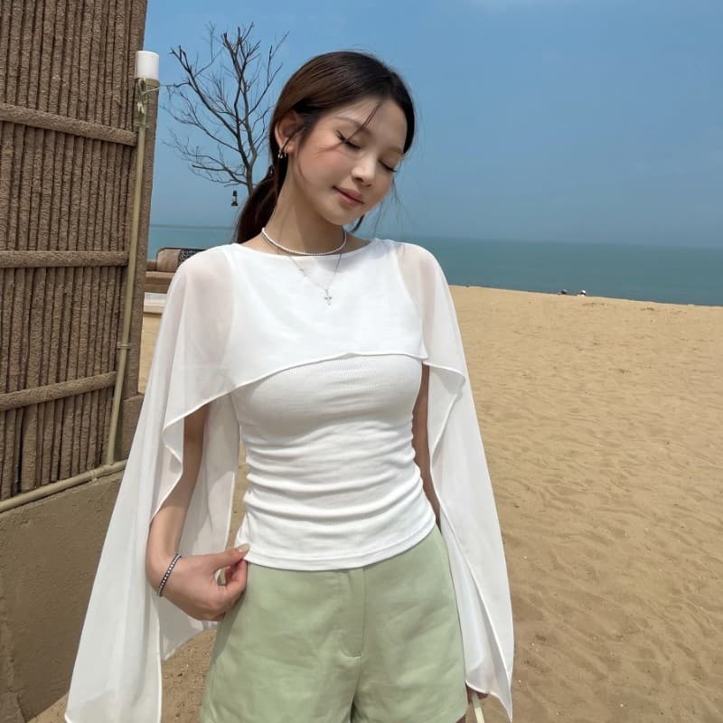 레오파드 무늬 숄 민소매 티셔츠 여성 여름 프랑스식 디자인 센스 작은 대중 몸매 가꾸기 슬림해 보이는 외출용 쇼트 스타일 페이크 레이어드 맨위 이미지 3