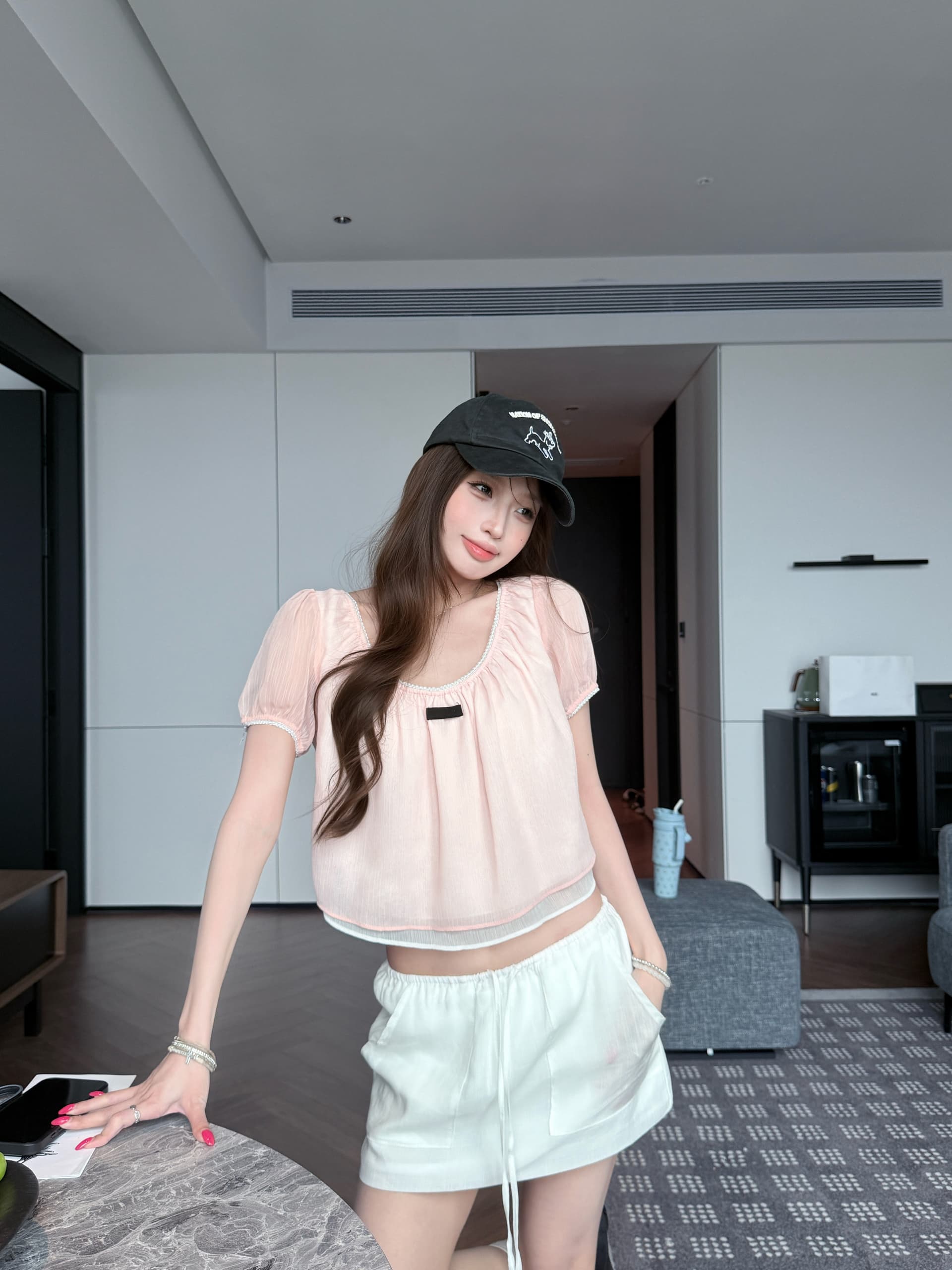 쉬폰 주름 3층 kumikumi 부드러운 바람 핑크색 연령 감소 반팔 티셔츠 여성 여름 다용도 상세 이미지 4