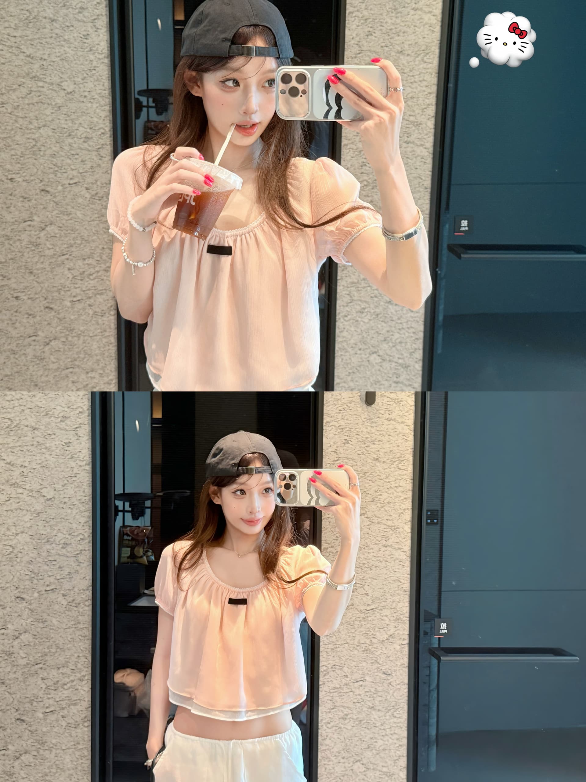 쉬폰 주름 3층 kumikumi 부드러운 바람 핑크색 연령 감소 반팔 티셔츠 여성 여름 다용도 상세 이미지 5
