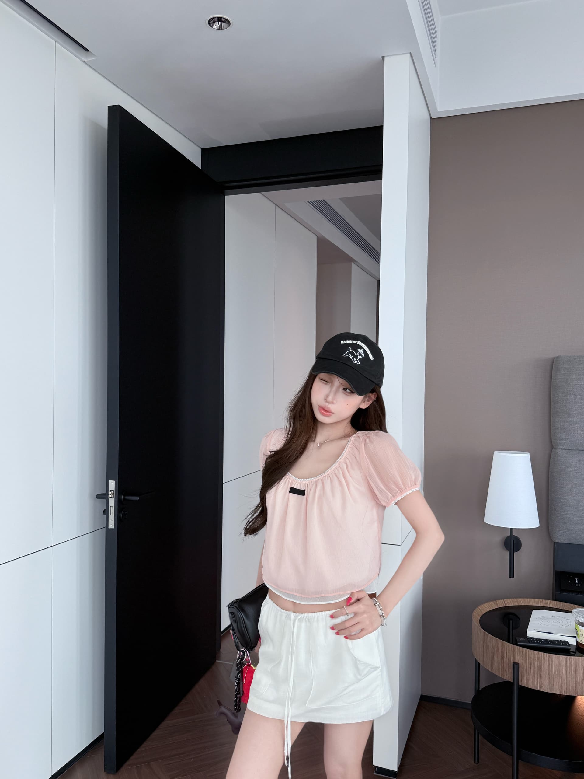 쉬폰 주름 3층 kumikumi 부드러운 바람 핑크색 연령 감소 반팔 티셔츠 여성 여름 다용도 상세 이미지 7