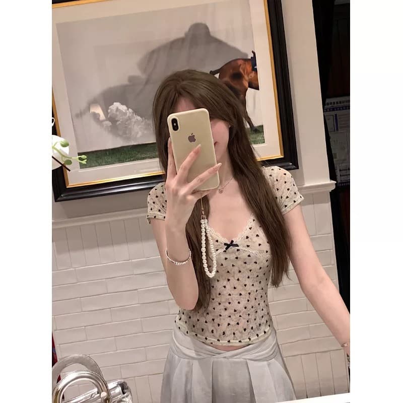 한 은 식물 플러시 순수한 욕망 바람 도트 무늬 레이스 레이스 반팔 티셔츠 여성 여름 나비 매듭 몸매 가꾸기 다용도 맨위 이미지 3