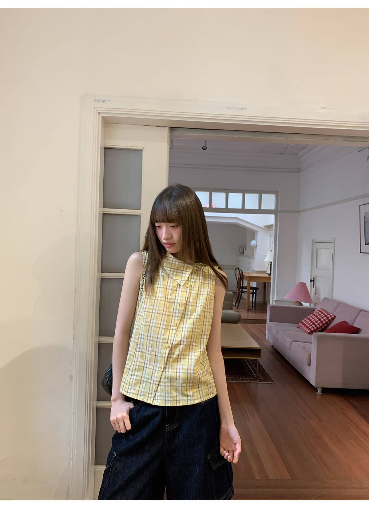 디자인 센스 폴로 칼라 민소매 여성 셔츠 여름 새로운 체크무늬 작은 셔츠 캐주얼 다용도 맨위 트렌디 상세 이미지 16