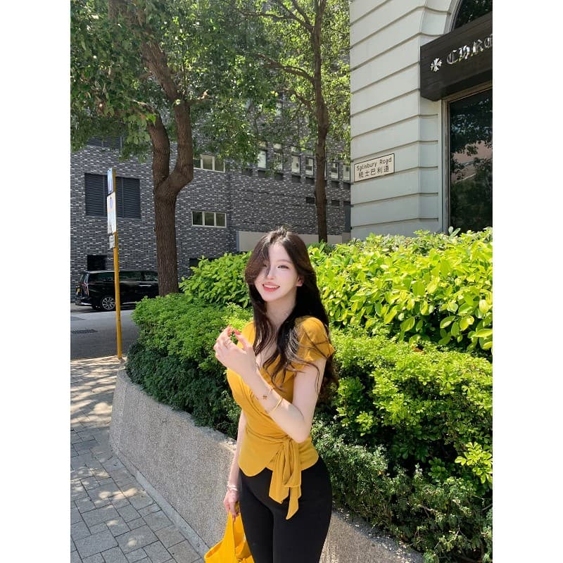 사람들 면 사탕 소녀 라이 경기 서울 십자가 V넥 우아함 스트랩 티셔츠 여성 봄 여름 허리 수축 맨위 이미지 5