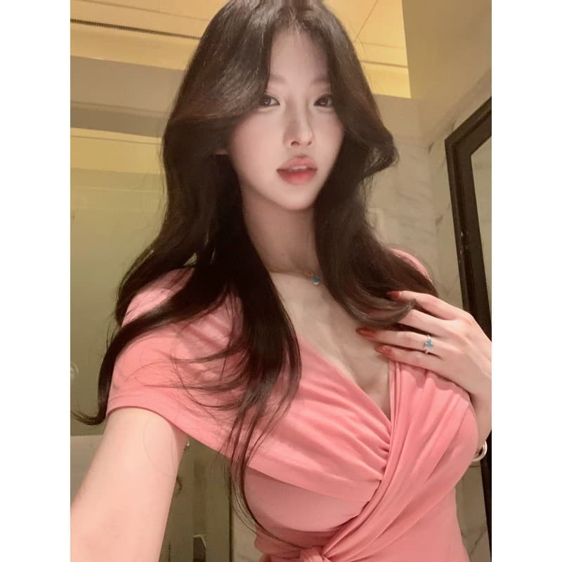 사람들 면 사탕 소녀 라이 경기 서울 십자가 V넥 우아함 스트랩 티셔츠 여성 봄 여름 허리 수축 맨위 이미지 2