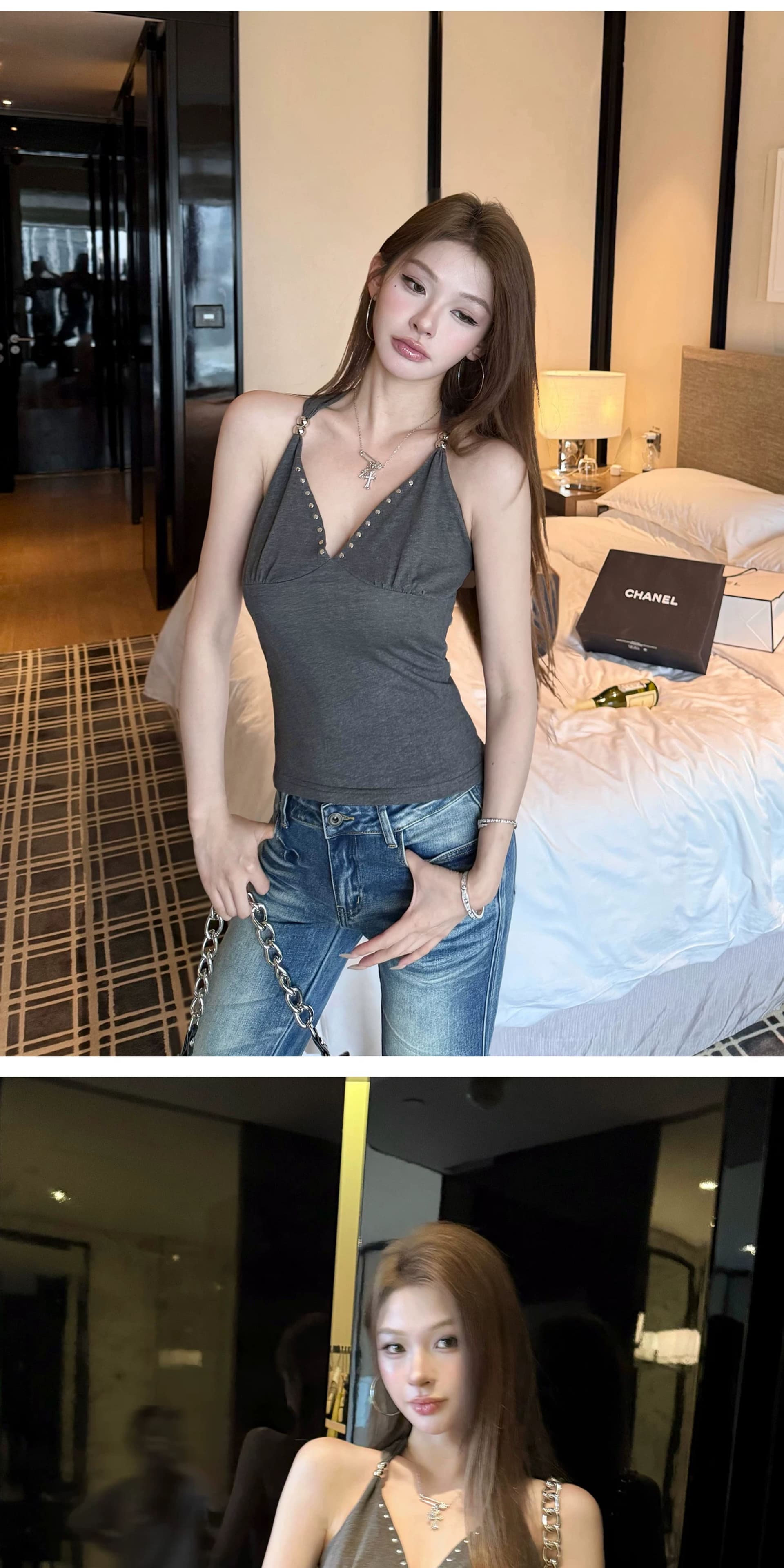 사람들 면 핫걸 거울 수 있습니다. 조정 V넥 징 캐미솔 여름 핫걸 백리스 맨위 상세 이미지 7