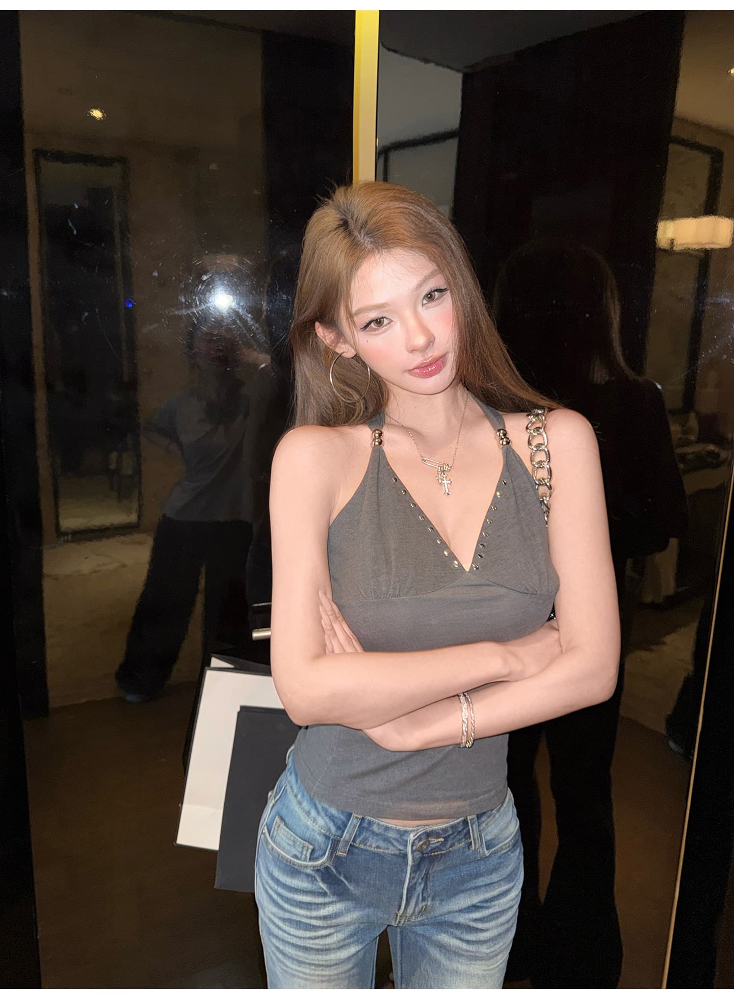 사람들 면 핫걸 거울 수 있습니다. 조정 V넥 징 캐미솔 여름 핫걸 백리스 맨위 상세 이미지 12