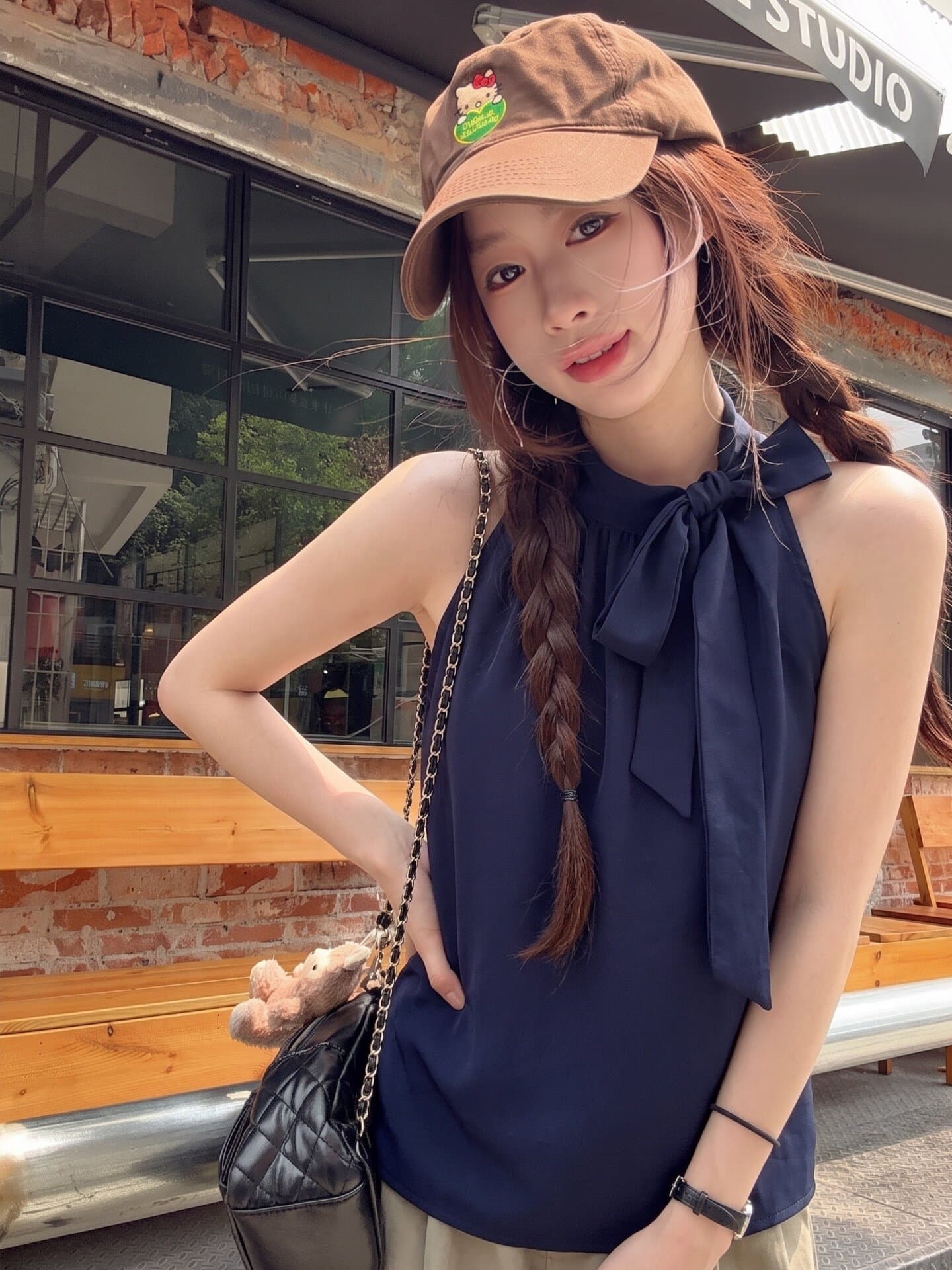 신축성 쉬폰 네리 여름 나비 매듭 행침 목 조끼 여성 루즈핏 표지 고기 민소매 외출용 맨위 상세 이미지 4