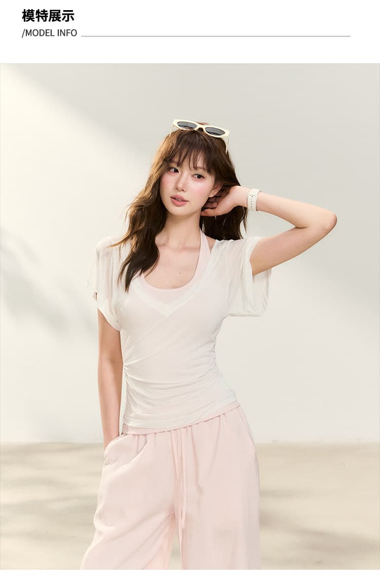사람들 면 몸매 가꾸기 행침 목 조끼 사실 두 조각 빅 브이 넥 긍정적 인 어깨 반팔 티셔츠 맨위 여성 상세 이미지 3