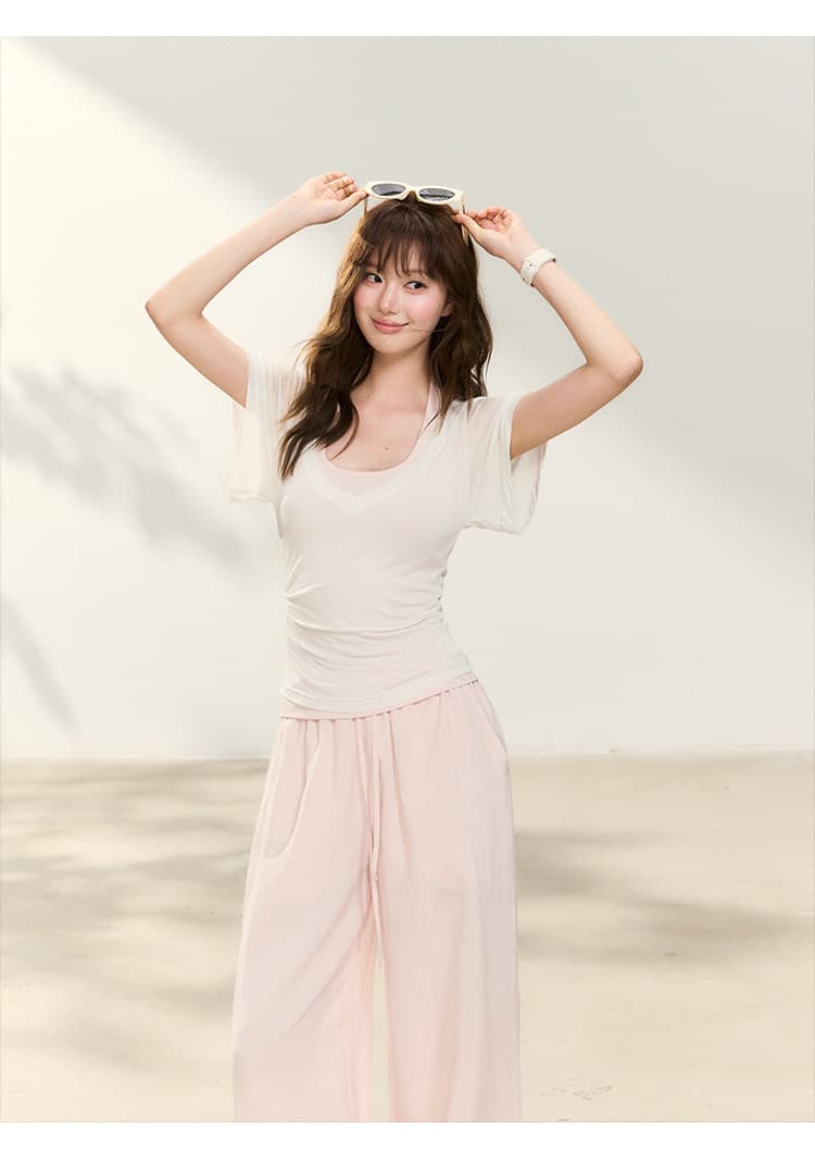 사람들 면 몸매 가꾸기 행침 목 조끼 사실 두 조각 빅 브이 넥 긍정적 인 어깨 반팔 티셔츠 맨위 여성 상세 이미지 8