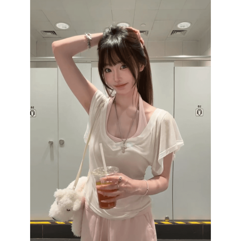 사람들 면 한 부서 행침 목 캐미솔 스택 착용 Tulle 블라우스 맨위 두 조각 여성 세트 여름 이미지 3