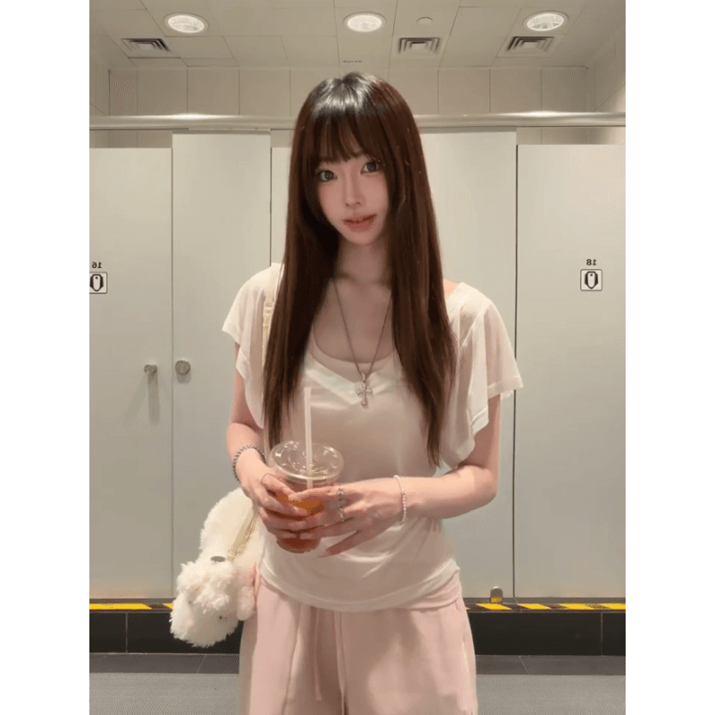 사람들 면 한 부서 행침 목 캐미솔 스택 착용 Tulle 블라우스 맨위 두 조각 여성 세트 여름 이미지 4