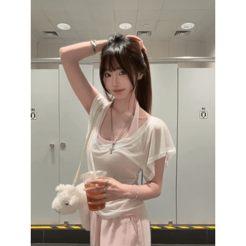 사람들 면 한 부서 행침 목 캐미솔 스택 착용 Tulle 블라우스 맨위 두 조각 여성 세트 여름