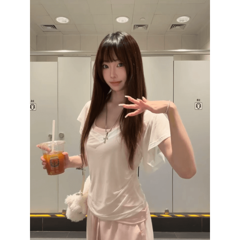 사람들 면 한 부서 행침 목 캐미솔 스택 착용 Tulle 블라우스 맨위 두 조각 여성 세트 여름 이미지 5