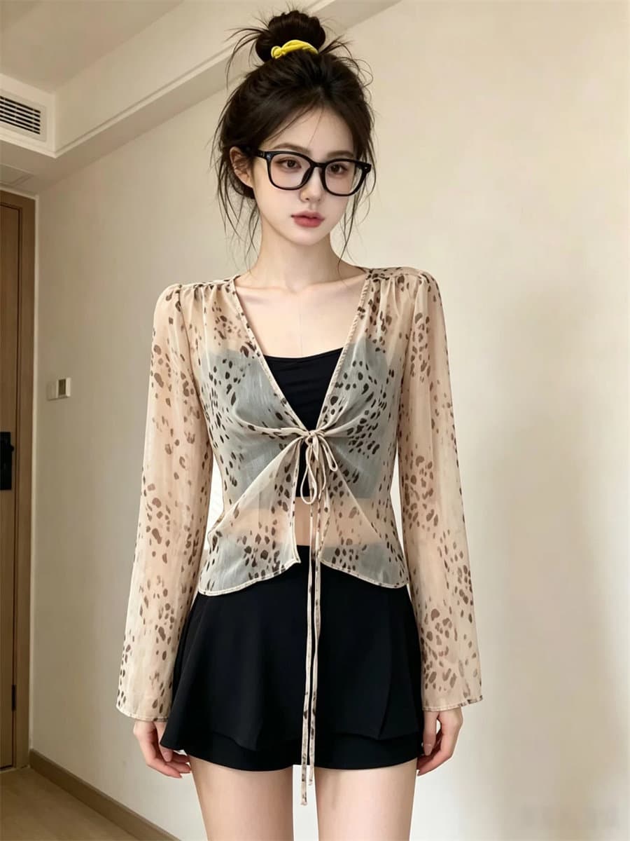 있음 가슴 패드 아메리칸 레오파드 무늬 V넥 긴팔 여성 여름 쉬폰 블라우스 스택 착용 벨트 가슴 패드 캐미솔 투피스 세트 상세 이미지 5