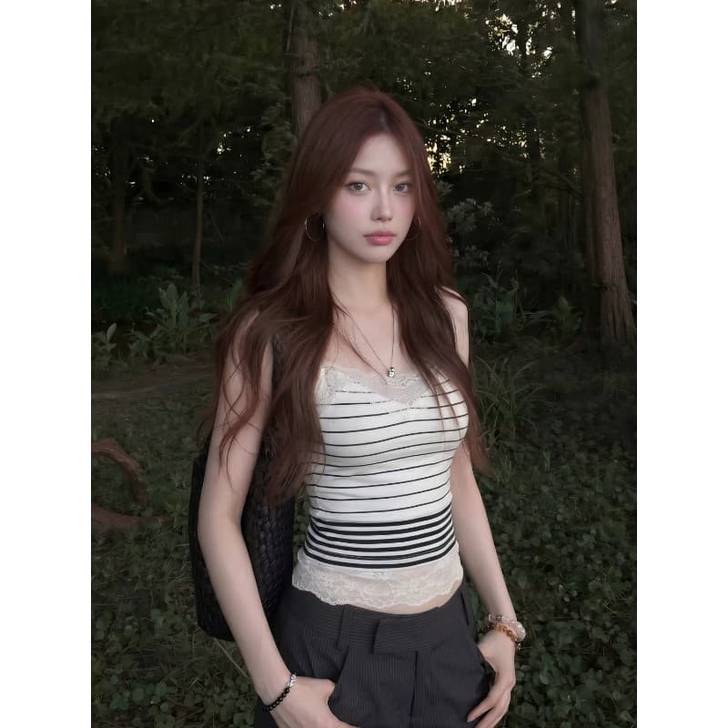 순수한 욕망 바람 스트라이프 레이스 조각 슬립 여성 여름 V넥 몸매 가꾸기 슬림해 보이는 이슬 허리 다용도 핫걸 바람 짧은 맨위 이미지 4