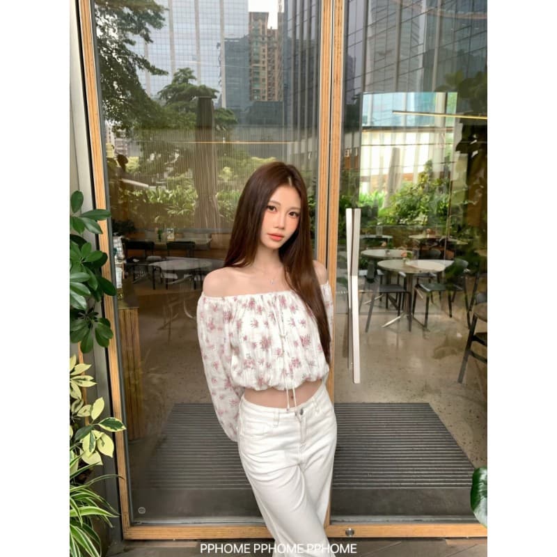 현대 그리드 프린트 이슬 정원 오프숄더 펌프 로프 꽃무늬 긴팔 작은 셔츠 여성 품격 슬림해 보이는 맨위 이미지 2