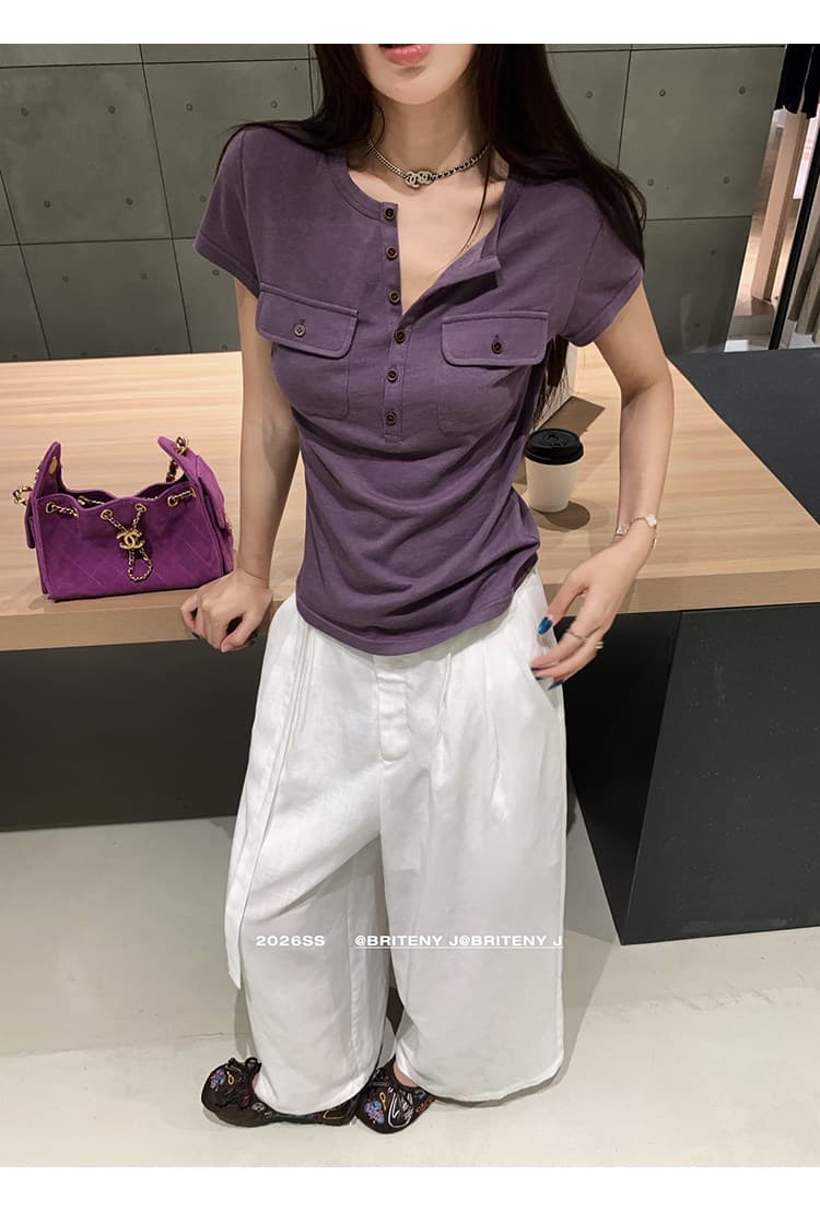 작은 6 월 6 월 브리트니 c 조금 스키니 t 세부 사항 전체 점수 3 차원 워크웨어 주머니 슬림해 보이는 마이크로 허리 수축 반팔 티셔츠 상세 이미지 5