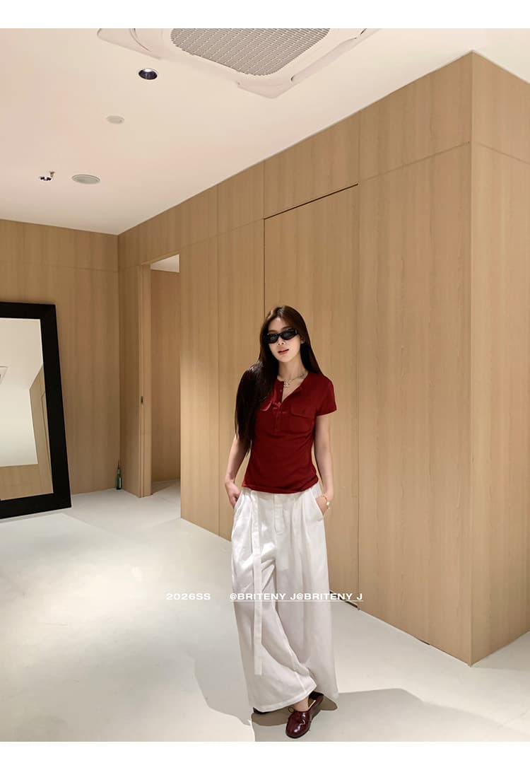 작은 6 월 6 월 브리트니 c 조금 스키니 t 세부 사항 전체 점수 3 차원 워크웨어 주머니 슬림해 보이는 마이크로 허리 수축 반팔 티셔츠 상세 이미지 14