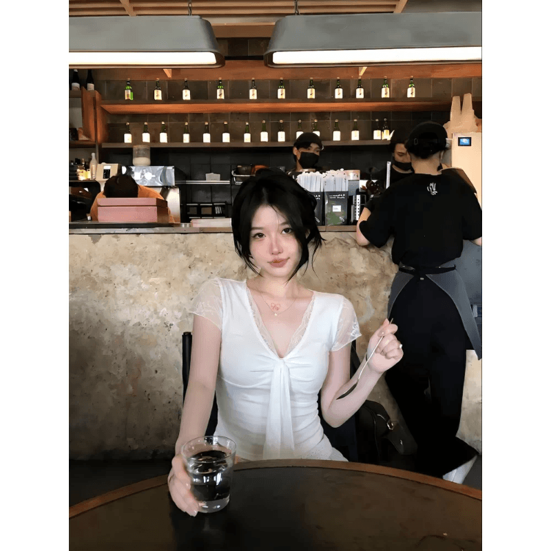 사람들 면 한 부서 달콤한 매운맛 바람 화이트 레이스 조각 V넥 스트랩 반팔 티셔츠 여성 여름 다용도 반팔