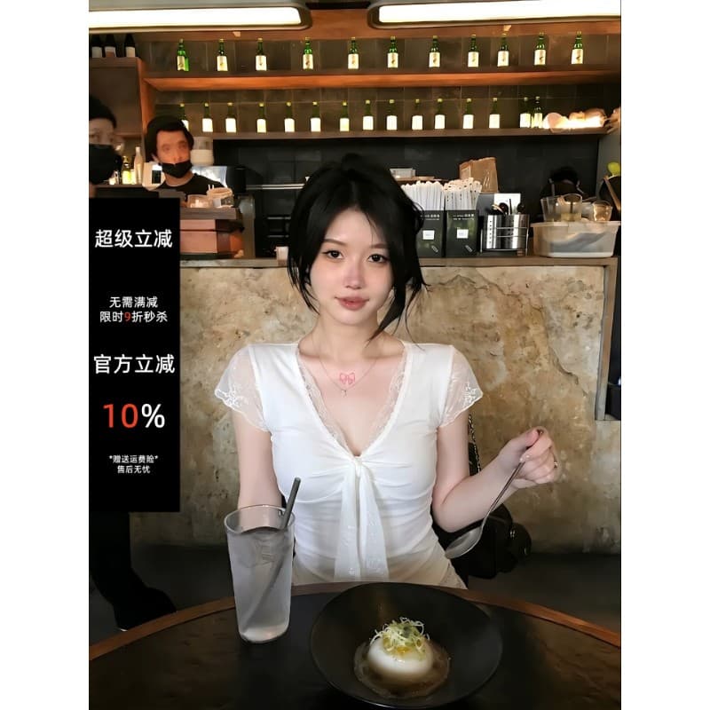 사람들 면 한 부서 달콤한 매운맛 바람 화이트 레이스 조각 V넥 스트랩 반팔 티셔츠 여성 여름 다용도 반팔 상세 이미지 2