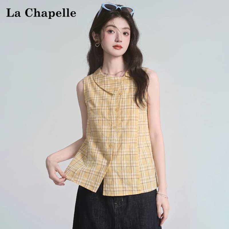 컬러 짜임 체크무늬 체크무늬 폴로 칼라 민소매 조끼 여성 셔츠 여름 단추 몸매 가꾸기 루즈핏 맨위