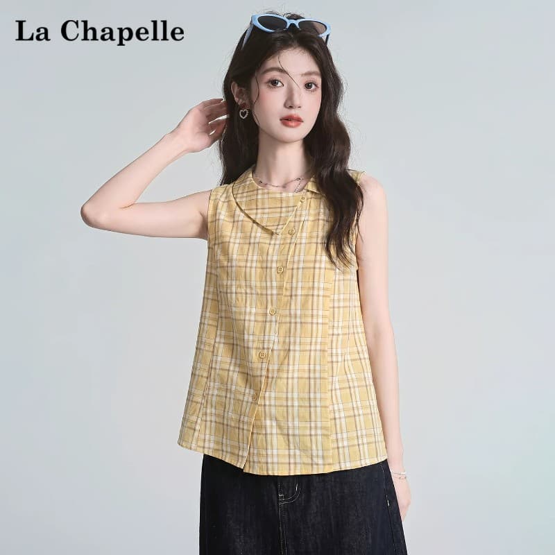컬러 짜임 체크무늬 체크무늬 폴로 칼라 민소매 조끼 여성 셔츠 여름 단추 몸매 가꾸기 루즈핏 맨위 이미지 4