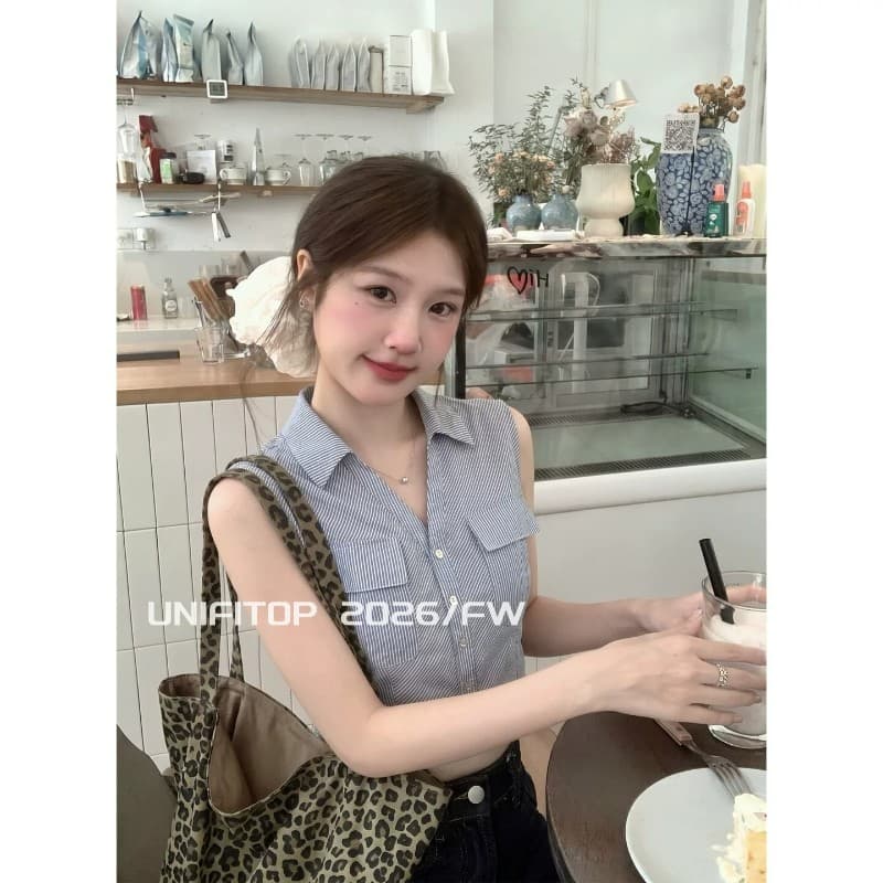 원본 컬러 짜임 기사 몸매 가꾸기 슬림해 보이는 민소매 맨위 여성 여름 레트로 스타일 배색 폴로 칼라 스트라이프 조끼