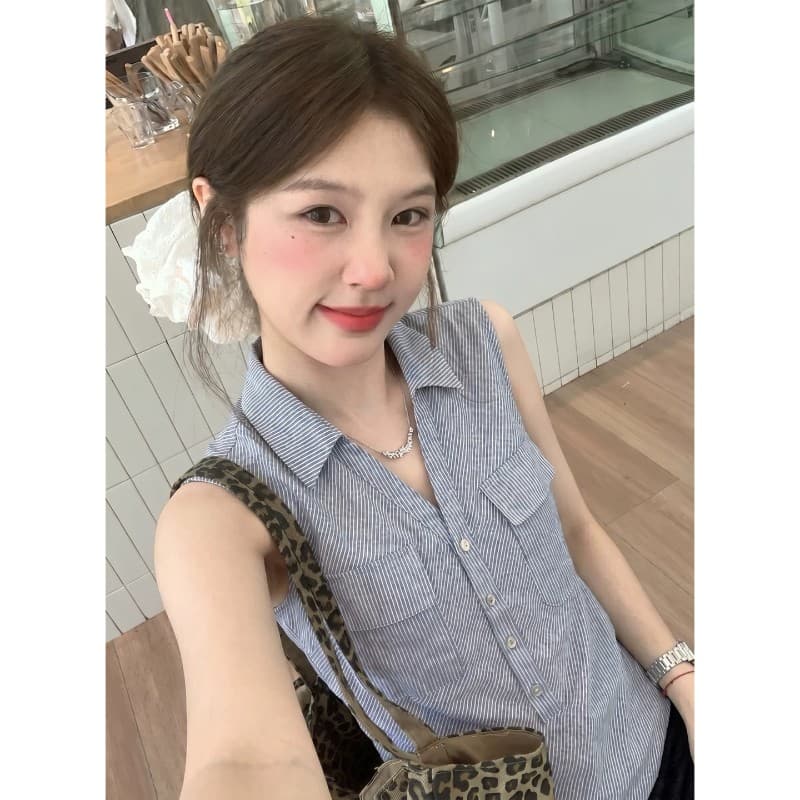 원본 컬러 짜임 기사 몸매 가꾸기 슬림해 보이는 민소매 맨위 여성 여름 레트로 스타일 배색 폴로 칼라 스트라이프 조끼 이미지 2