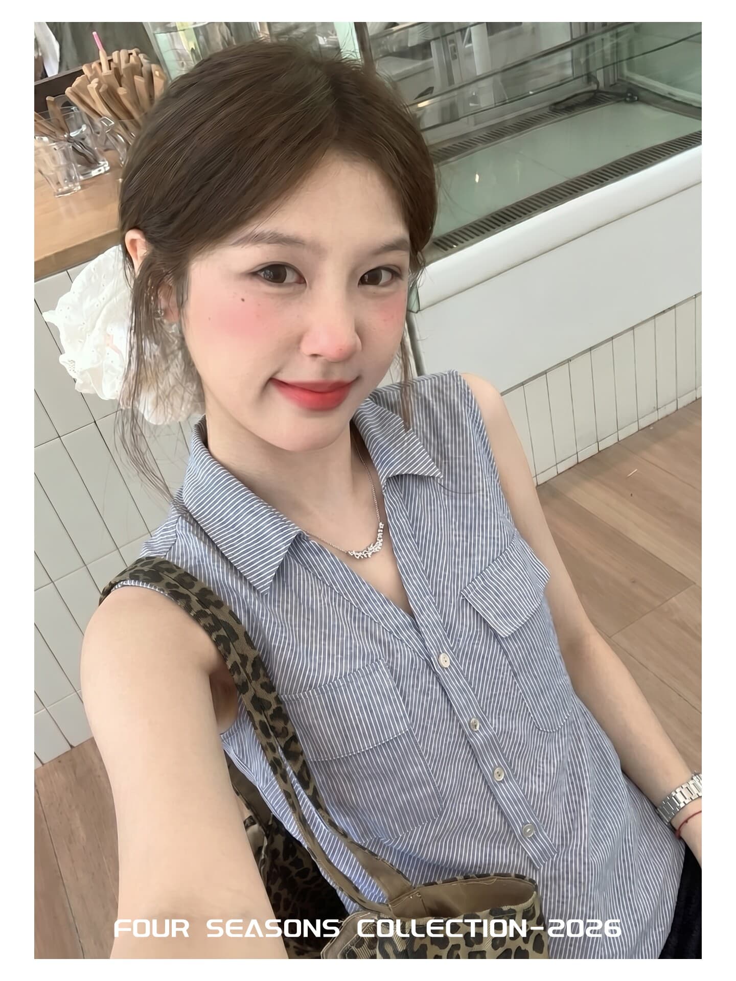 원본 컬러 짜임 기사 몸매 가꾸기 슬림해 보이는 민소매 맨위 여성 여름 레트로 스타일 배색 폴로 칼라 스트라이프 조끼 상세 이미지 4