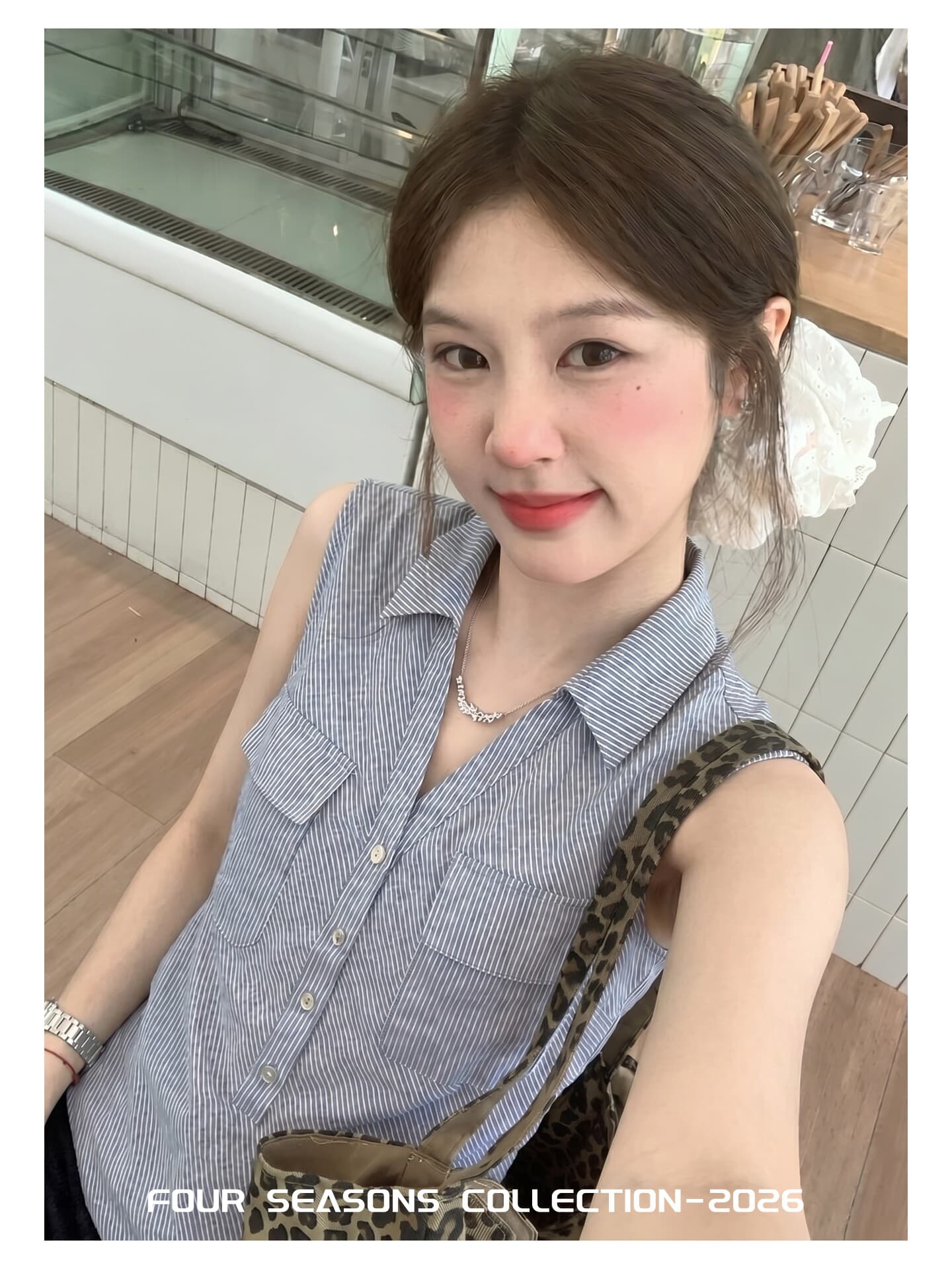 원본 컬러 짜임 기사 몸매 가꾸기 슬림해 보이는 민소매 맨위 여성 여름 레트로 스타일 배색 폴로 칼라 스트라이프 조끼 상세 이미지 7