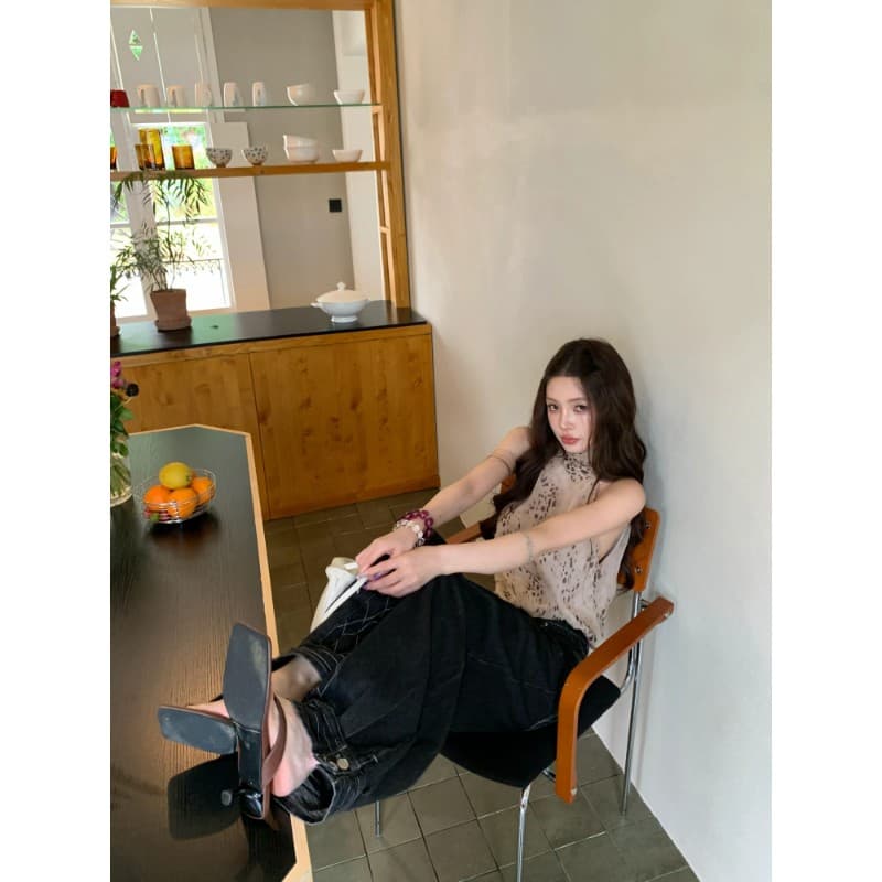 디자인 센스 터틀넥 행침 목 레오파드 무늬 조끼 여성 여름 고급 센스 레이스업 순수한 욕망 품격 작은 셔츠 민소매 오프숄더 맨위 이미지 3