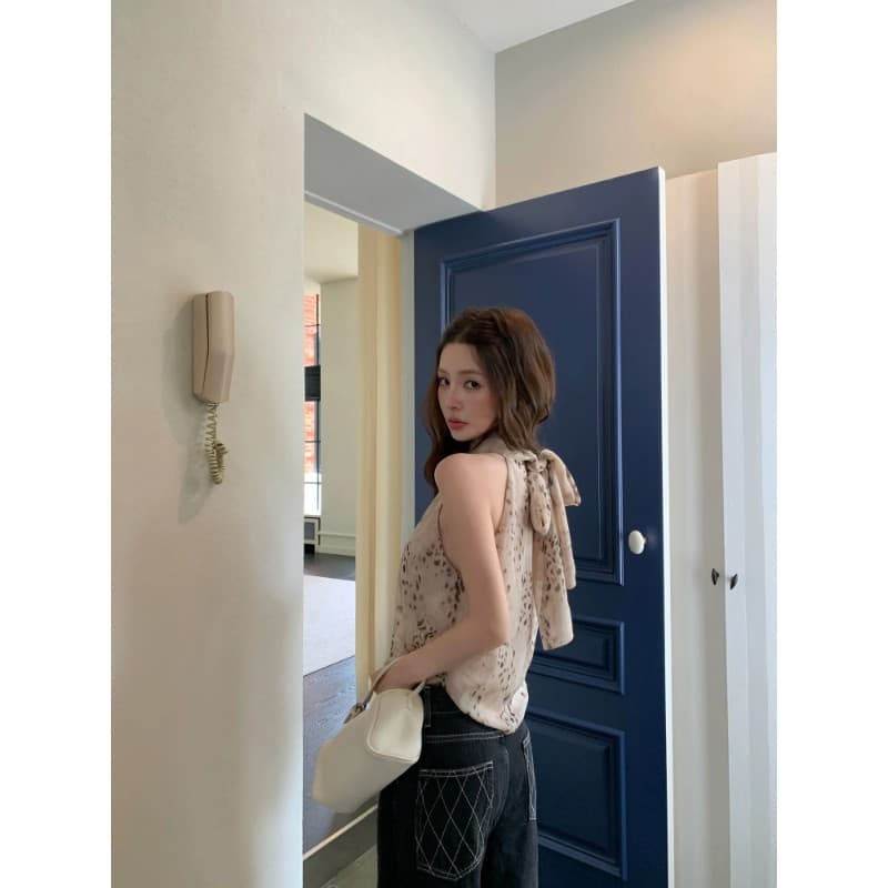 디자인 센스 터틀넥 행침 목 레오파드 무늬 조끼 여성 여름 고급 센스 레이스업 순수한 욕망 품격 작은 셔츠 민소매 오프숄더 맨위 이미지 2