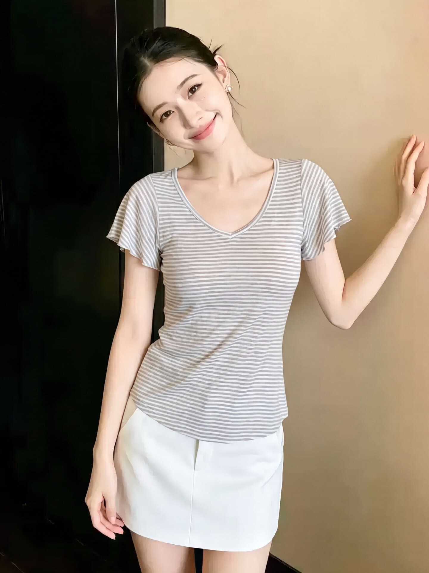 한 부서 섹시함 핫걸 V넥 반팔 티셔츠 여성 여름 패션 다용도 외국 가스 몸매 가꾸기 슬림해 보이는 스트라이프 만나는 맨위 상세 이미지 2