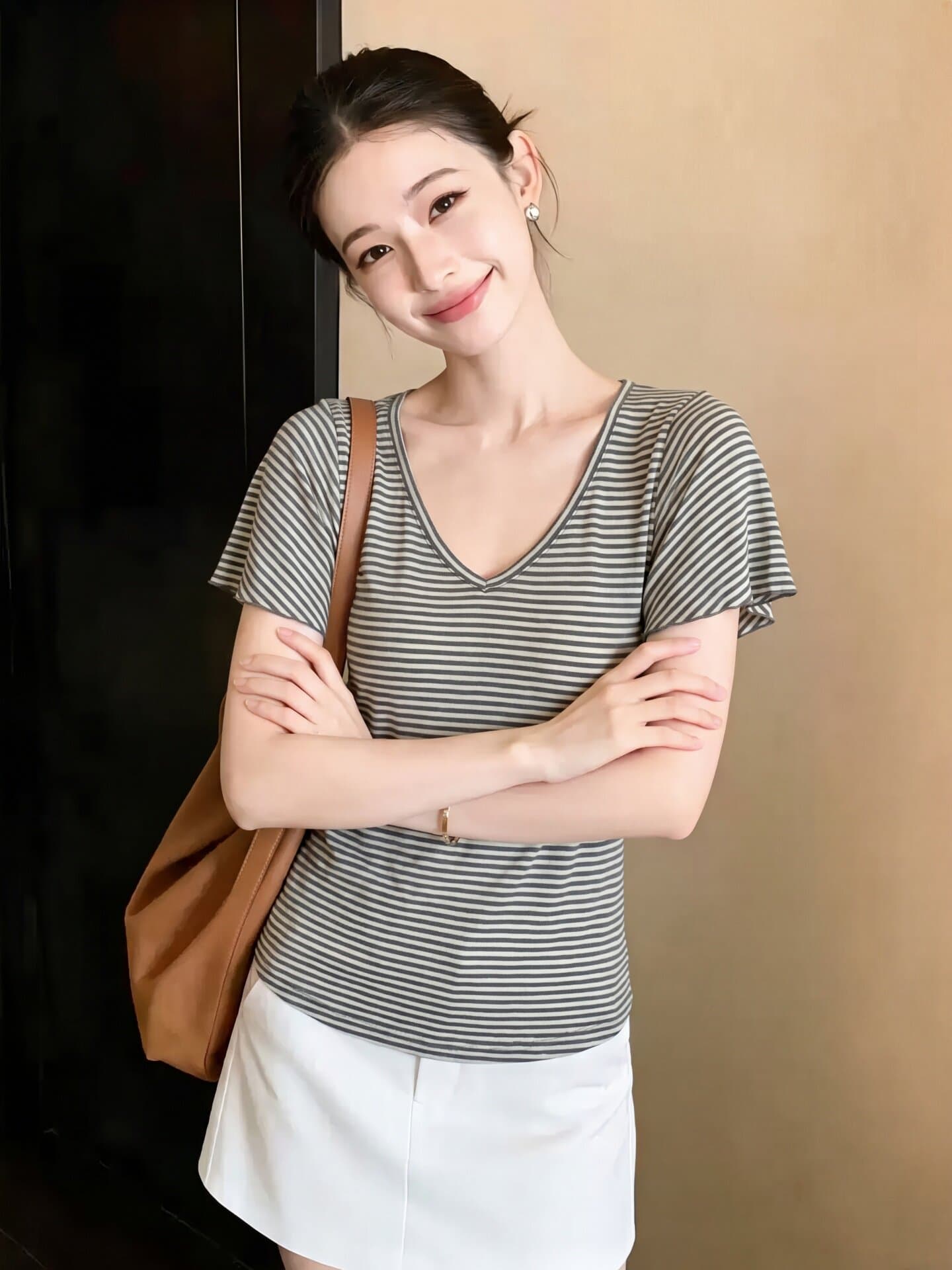 한 부서 섹시함 핫걸 V넥 반팔 티셔츠 여성 여름 패션 다용도 외국 가스 몸매 가꾸기 슬림해 보이는 스트라이프 만나는 맨위 상세 이미지 4