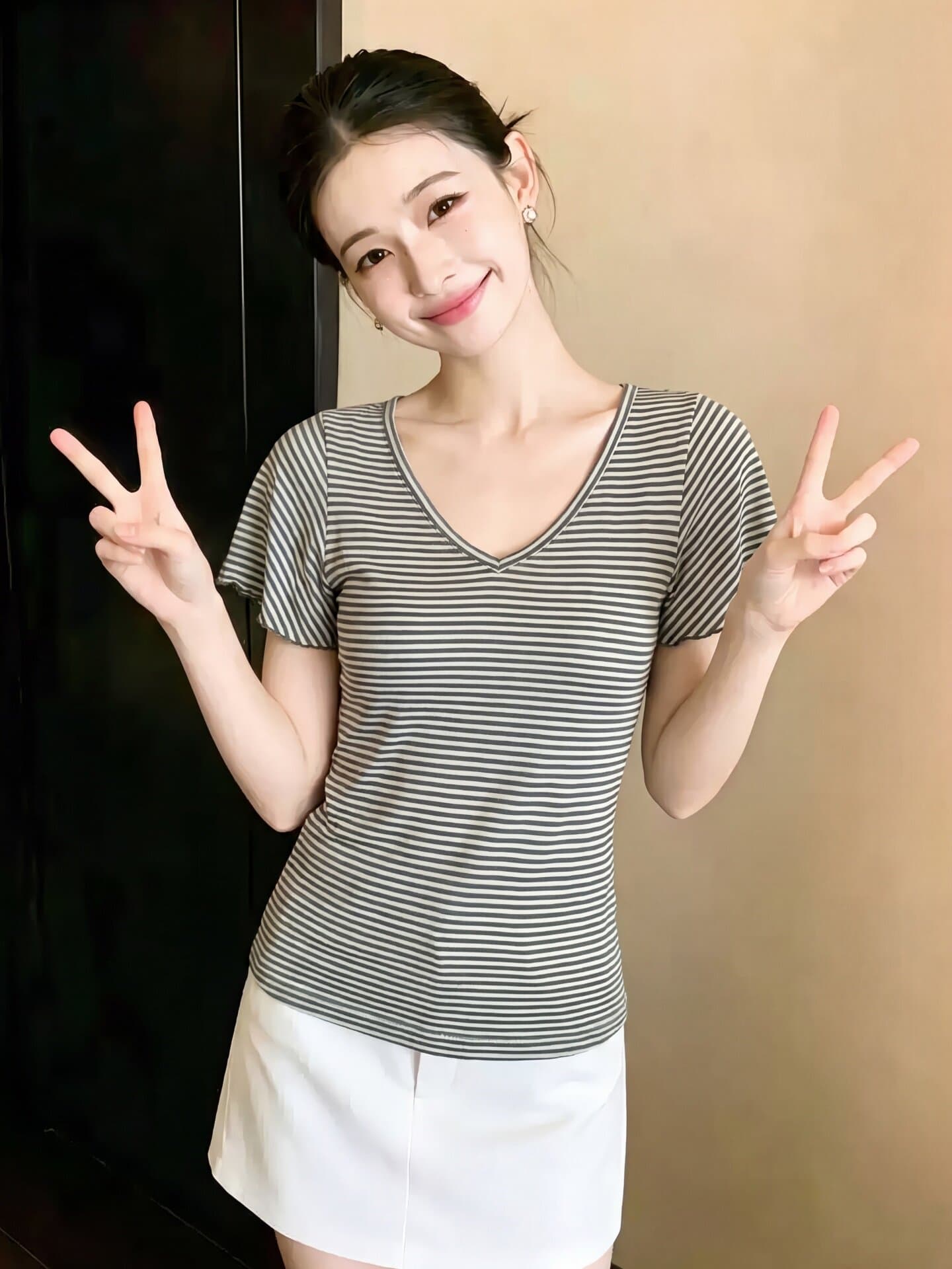 한 부서 섹시함 핫걸 V넥 반팔 티셔츠 여성 여름 패션 다용도 외국 가스 몸매 가꾸기 슬림해 보이는 스트라이프 만나는 맨위 상세 이미지 5