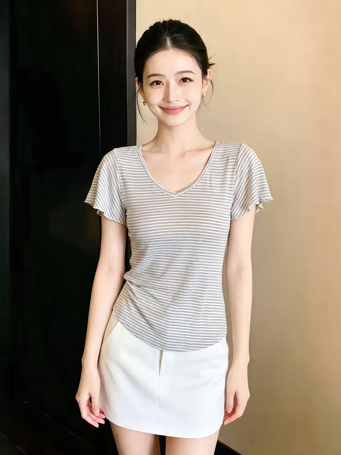 한 부서 섹시함 핫걸 V넥 반팔 티셔츠 여성 여름 패션 다용도 외국 가스 몸매 가꾸기 슬림해 보이는 스트라이프 만나는 맨위 상세 이미지 6