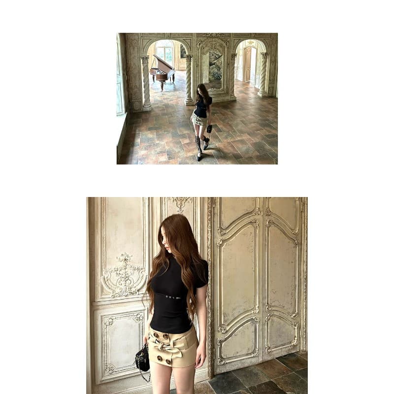 사람들 면 가슴 금속 버클 빨간색 라운드 넥 반팔 티셔츠 여성 여름 높음 거리 몸매 가꾸기 핫걸 다용도 맨위 상세 이미지 2