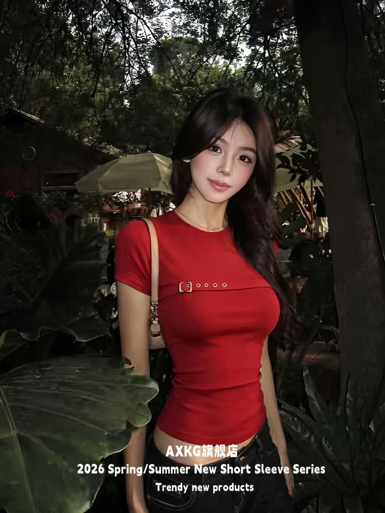사람들 면 가슴 금속 버클 빨간색 라운드 넥 반팔 티셔츠 여성 여름 높음 거리 몸매 가꾸기 핫걸 다용도 맨위 상세 이미지 7