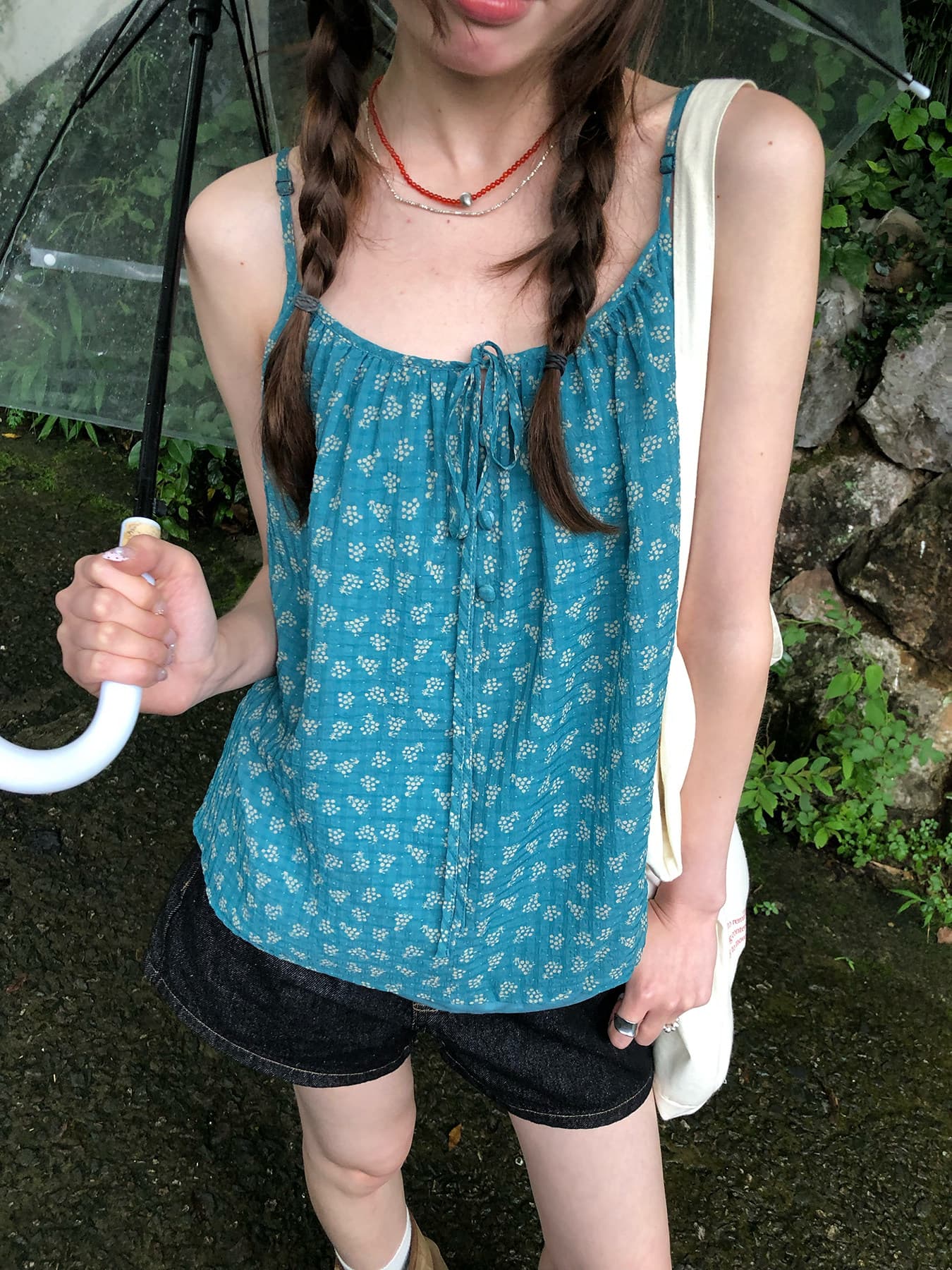 한 부서 고대 조기 분위기 이중층 페이크 레이어드 레이스업 슬립 여름 여성 루즈핏 꽃무늬 분위기 센스 작은 셔츠 상세 이미지 6