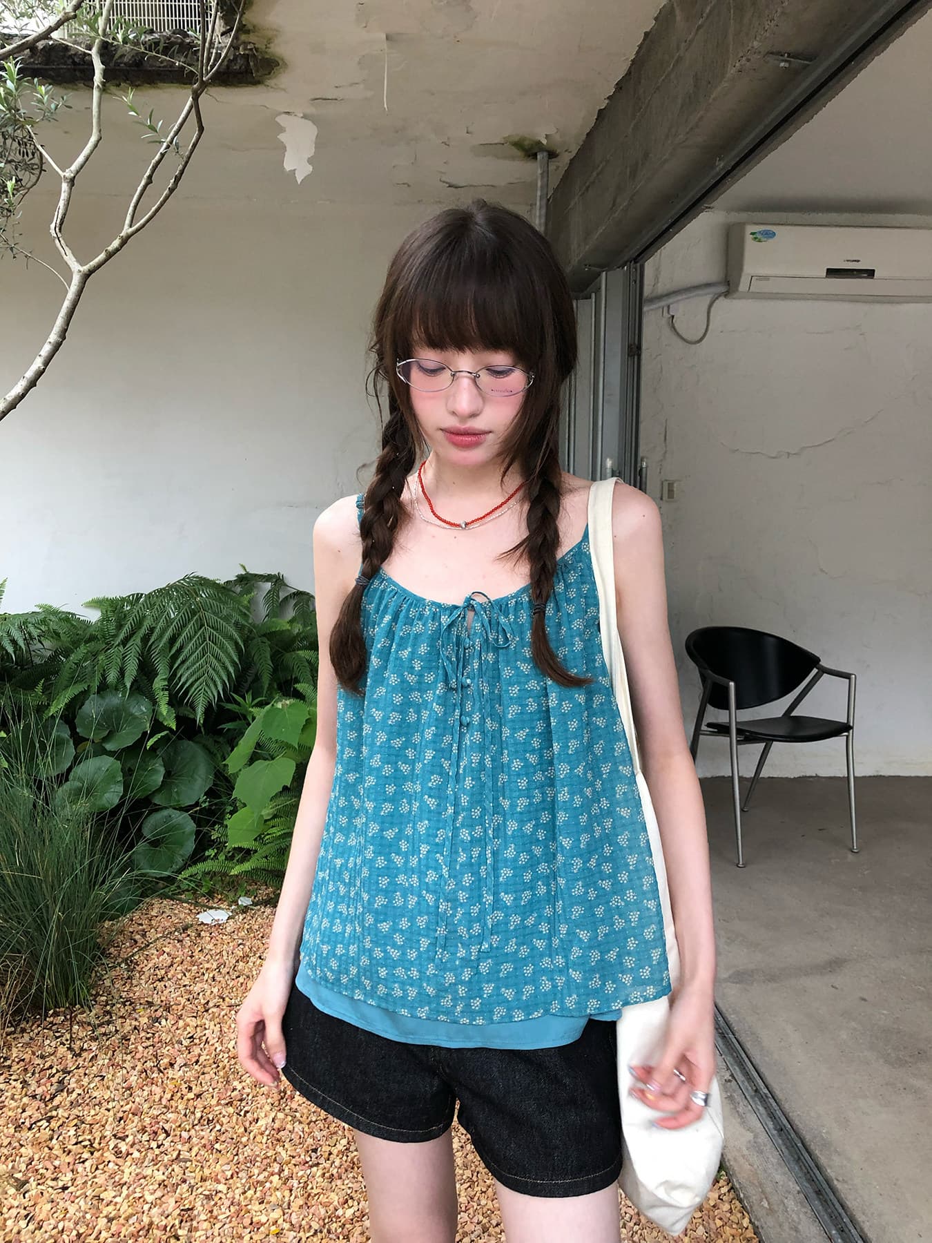 한 부서 고대 조기 분위기 이중층 페이크 레이어드 레이스업 슬립 여름 여성 루즈핏 꽃무늬 분위기 센스 작은 셔츠 상세 이미지 17