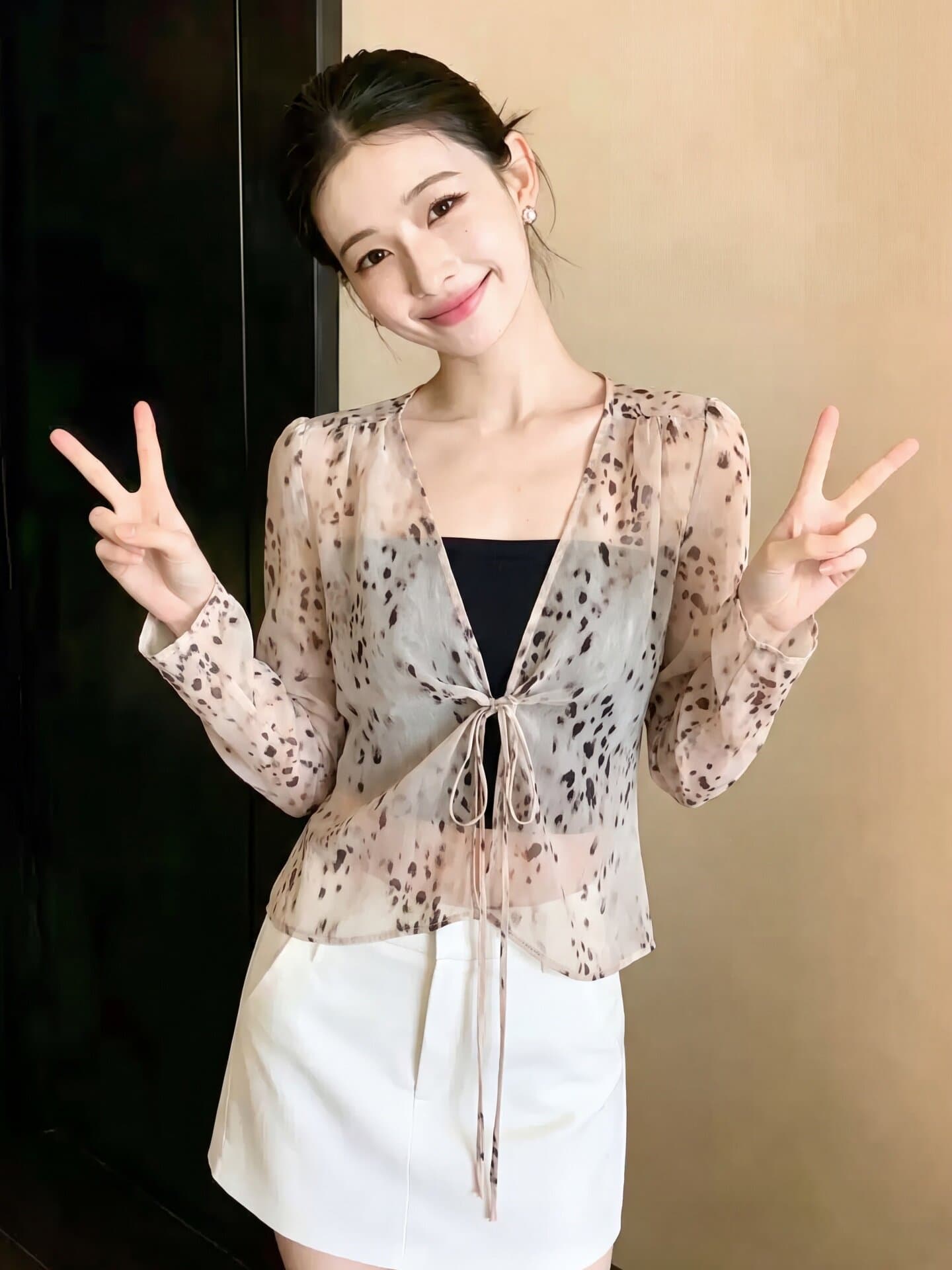 있음 가슴 패드 순수한 여름 마이크로 ~을 통해 레오파드 무늬 V넥 레이스업 쉬폰 셔츠 이슬 뼈의 캐미솔 투피스 세트 상세 이미지 3